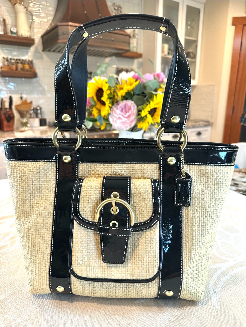 Coach Legacy F11684 Raffia Straw Tote Black Patent Leather Shoulder Bag